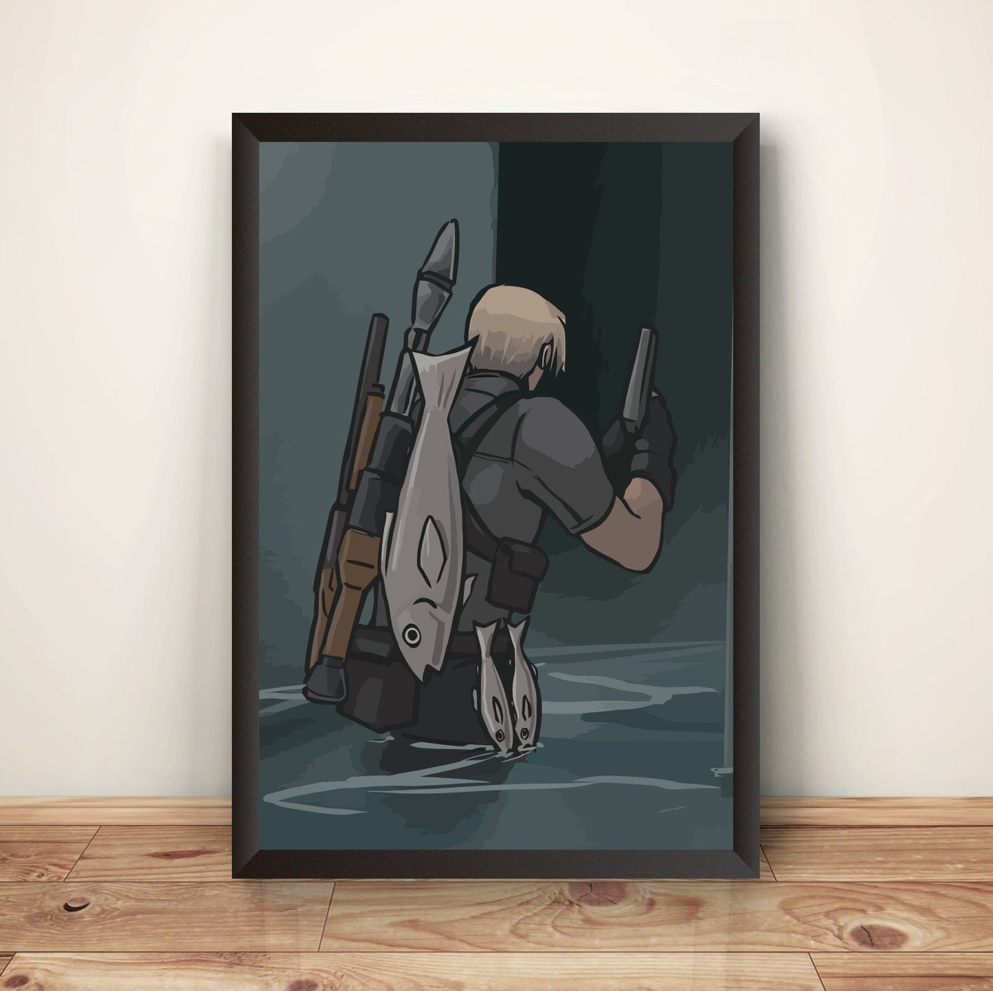 Leon Fishing Residence Evil 4 Premium Poster (Vectorized Design)