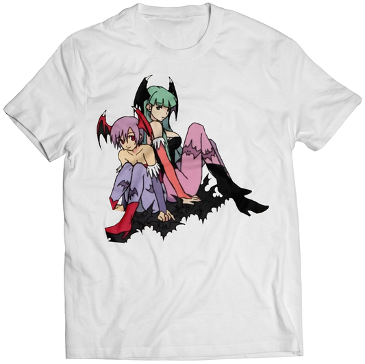 Lilith X Morrigan Sitting Darkstalkers Premium Unisex T-shirt (Vectorized Design)
